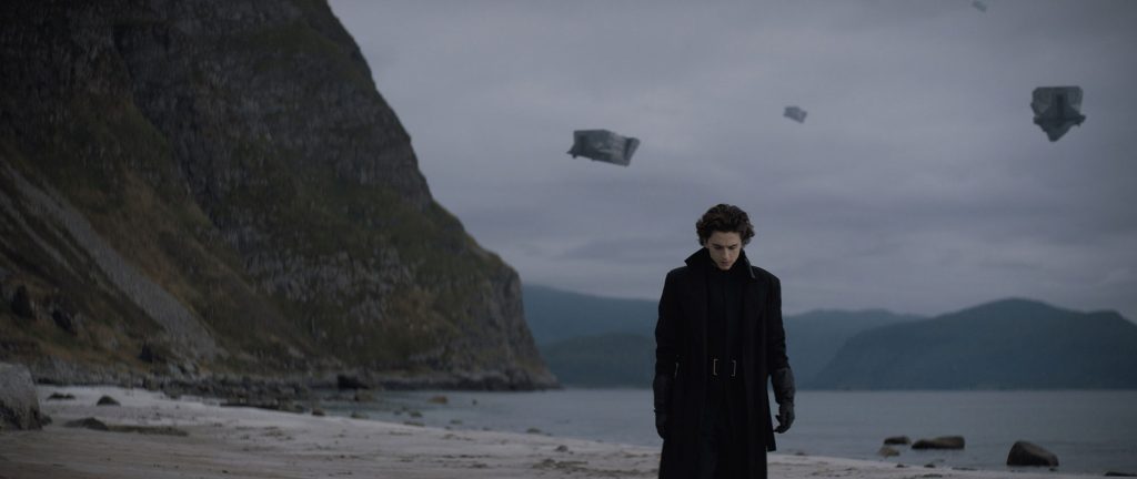 A young man (Paul Atreides) looks moody against a bleak landscape in which spaceships fill the sky