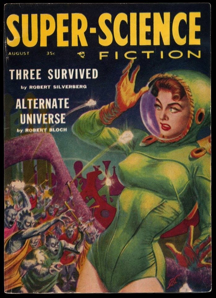 A pulp sci-fi cover of "super-science fiction" depicting a white woman being menaced by a crowd of blue-skinned aliens.